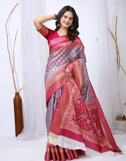 Lavender Grey Printed Soft Dola Cotton Saree with Pink Contrast Border