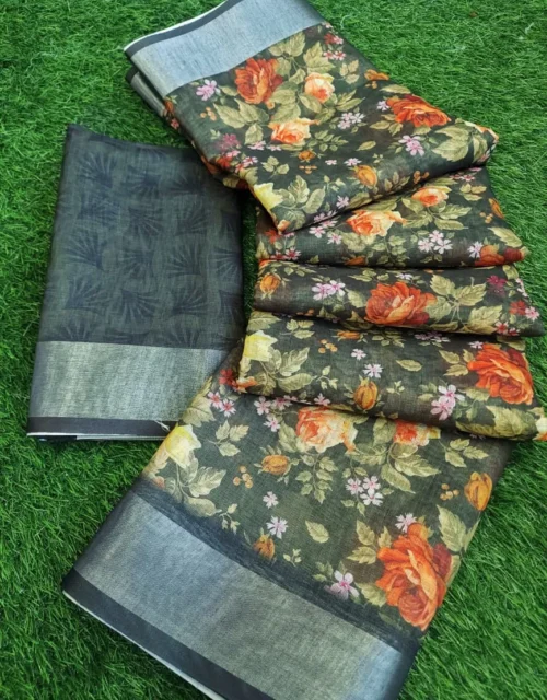 Charcoal Grey Floral Linen Digital Print Saree with Silver Border