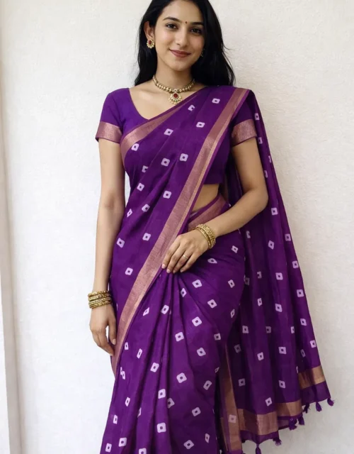 Royal Purple Linen Silk Saree with Bandhani Motifs & Statement Printed Pallu
