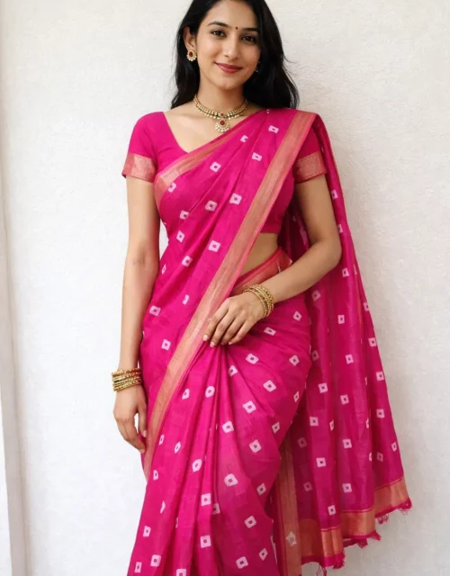 Rani Pink Linen Silk Saree with Bandhani Motifs & Artistic Pallu