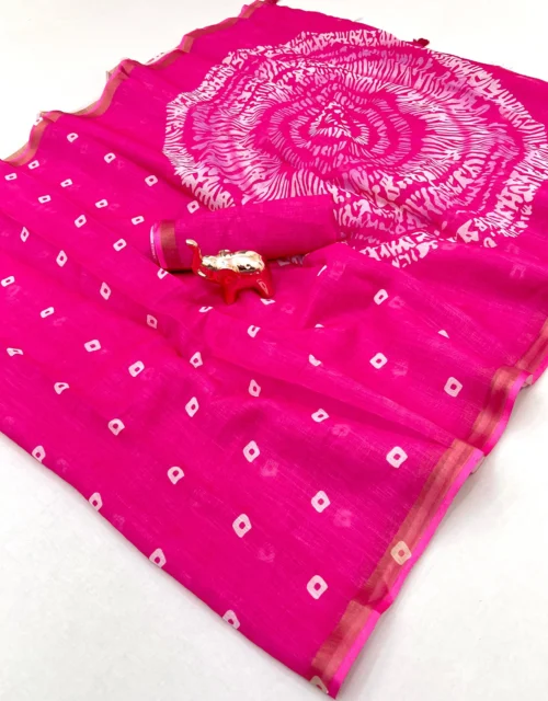 Rani Pink Linen Silk Saree with Bandhani Motifs & Artistic Pallu