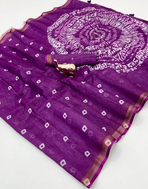 Royal Purple Linen Silk Saree with Bandhani Motifs & Statement Printed Pallu