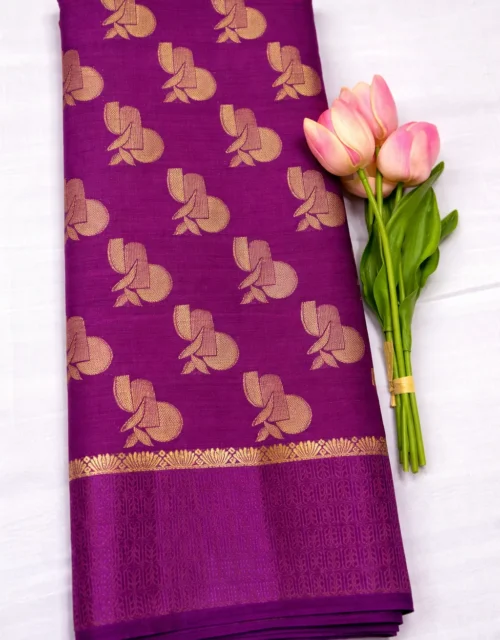 Royal Purple Semi Tussar Saree with Gold Woven Motifs & Contrast Border With Blouse