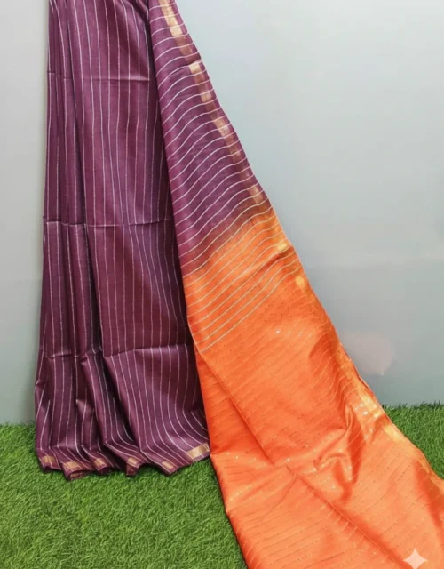 Kota Slub Sequence with Zari all over Saree - Plum Purple with Orange Pallu