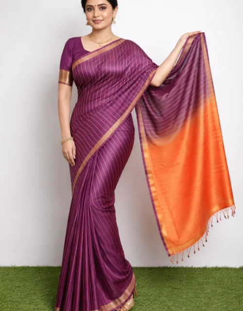 Kota Slub Sequence with Zari all over Saree - Plum Purple with Orange Pallu