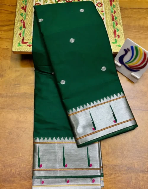 Emerald Green Muniya Designer Paithani Saree with Silver Zari Border