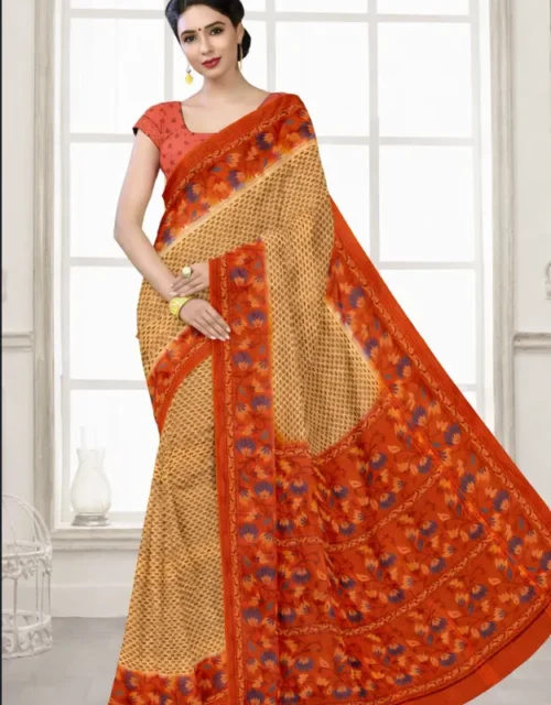 Printed Mul Mul Cotton Saree with Blouse - Beige & Orange