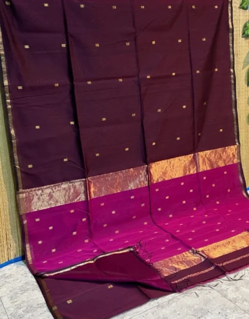 Handloom Maheshwari Cotton Silk Sarees - Deep Wine with Pinkish-Purple Pallu