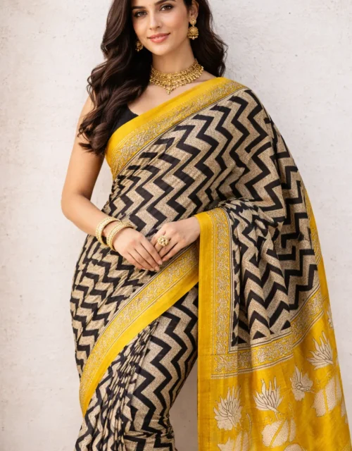 Traditional Handblock Printed Maheshwari Silk Sarees - Vibrant Yellow