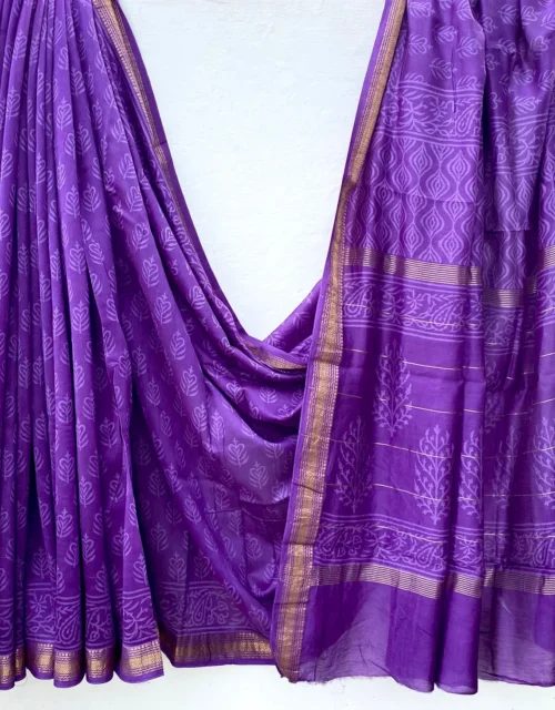 Traditional Handblock Printed Maheshwari Silk Sarees - Rich Purple