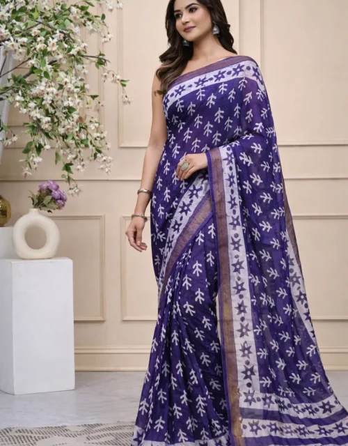 Traditional Handblock Printed Maheshwari Silk Sarees - Purple