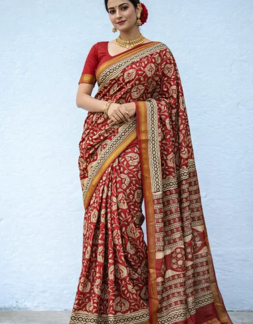 Traditional Handblock Printed Maheshwari Silk Sarees - Red