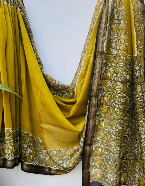 Traditional Handblock Printed Maheshwari Silk Sarees - Yellow Mustard