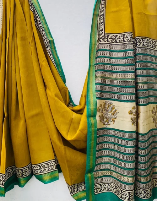 Traditional Handblock Printed Maheshwari Silk Sarees - Mustard Yellow