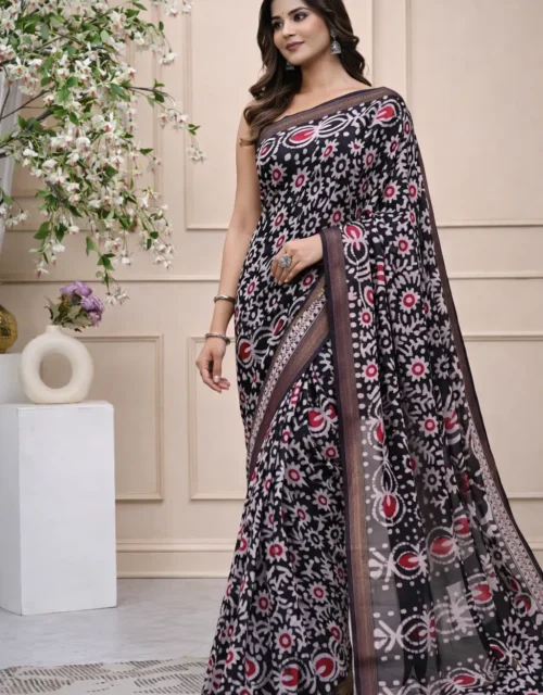 Traditional Handblock Printed Maheshwari Silk Sarees - Black