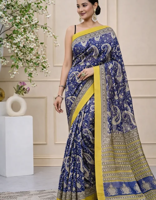 Traditional Handblock Printed Maheshwari Silk Sarees - Royal Blue
