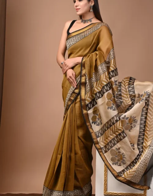 Traditional Handblock Printed Maheshwari Silk Sarees - Mustard