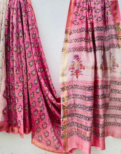 Traditional Handblock Printed Maheshwari Silk Sarees - Pink