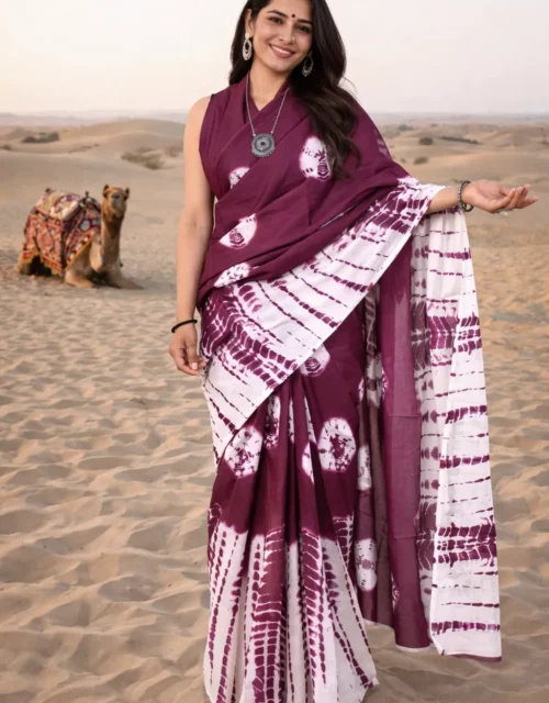 Bagru Block Print Cotton MulMul Sarees with Blouse - deep maroon and white color palette