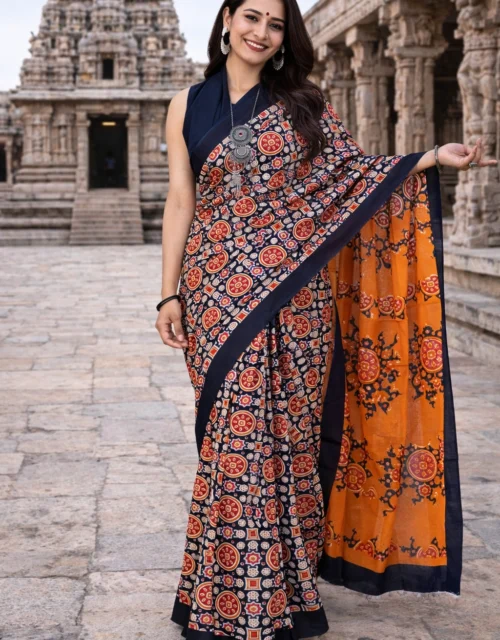 Bagru Block Print Cotton MulMul Sarees with Blouse - Navy Blue & Rust Printed Saree with Contrast Pallu