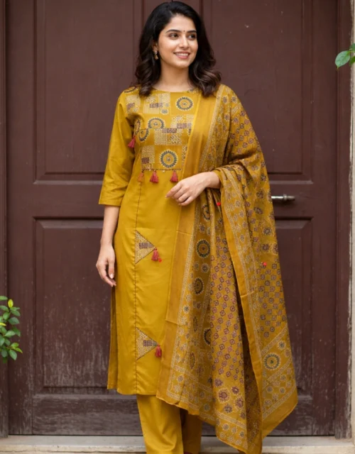 Elegant Mustard Printed 3-Piece Kurta Set with Dupatta
