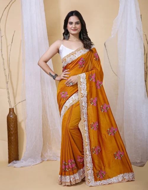 Mustard Floral Embroidered Saree with Lace Border
