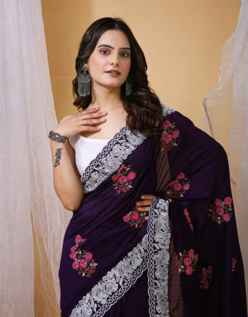 Deep Purple Floral Embroidered Saree with Lace Border