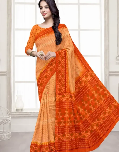 Printed Mul Mul Cotton Saree with Blouse - Peach & Orange