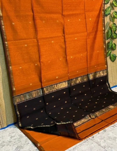 Handloom Maheshwari Cotton Silk Sarees - Rust Orange with Black Pallu