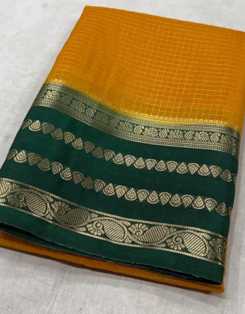 Mustard Gold Premium Viscose Silk Saree with Deep Green Contrast Bentex Zari Border