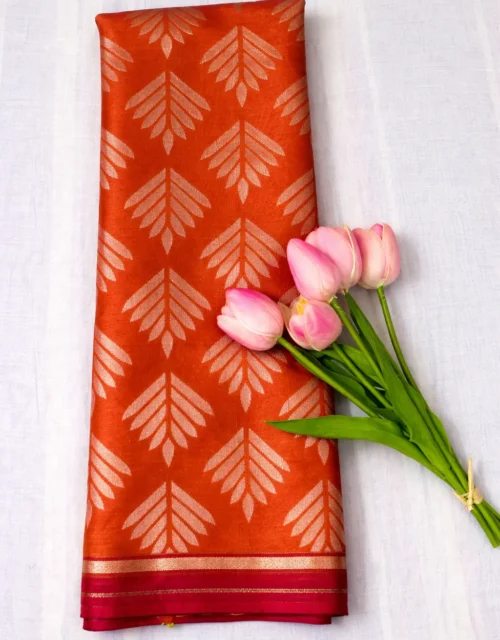Rust Orange Semi Silk Saree with Gold Leaf Motif with Blouse