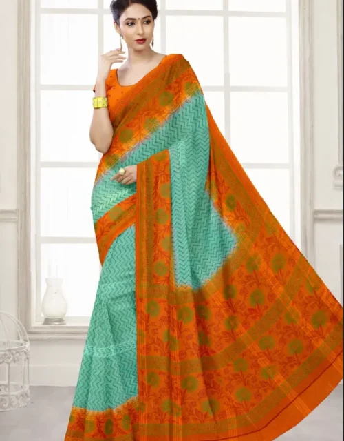 Printed Mul Mul Cotton Saree with Blouse - Sea Green & Orange