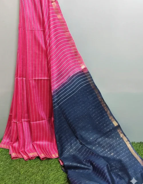 Kota Slub Sequence with Zari all over Saree - Rani Pink with Navy Blue pallu