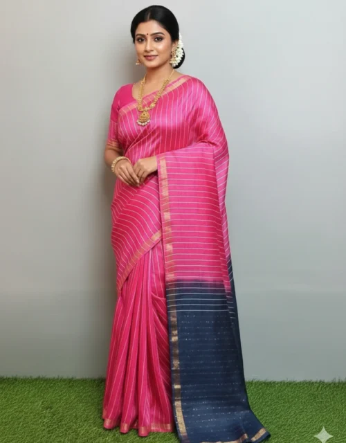 Kota Slub Sequence with Zari all over Saree - Rani Pink with Navy Blue pallu
