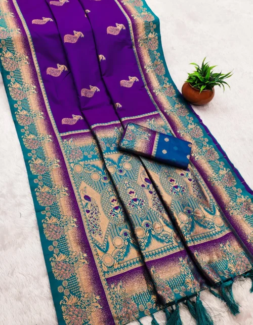 Royal Purple & Teal Woven Soft Silk Paithani Saree with Peacock Border