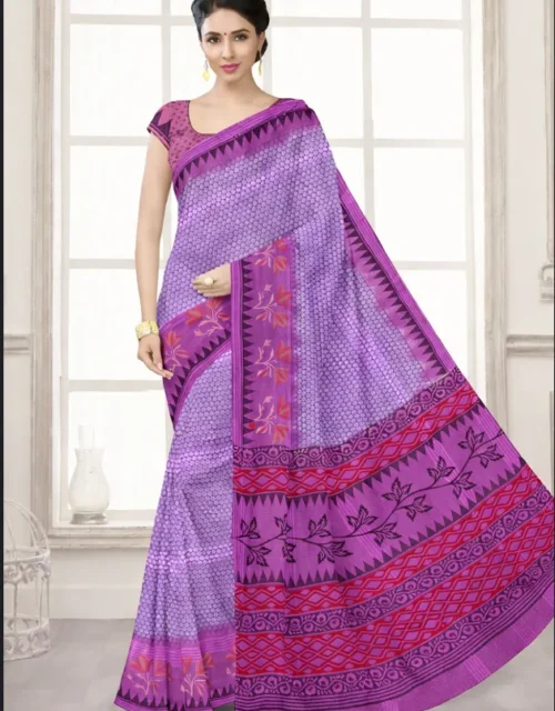 Printed Mul Mul Cotton Saree with Blouse - Lavender & Purple with Magenta-Red detailing