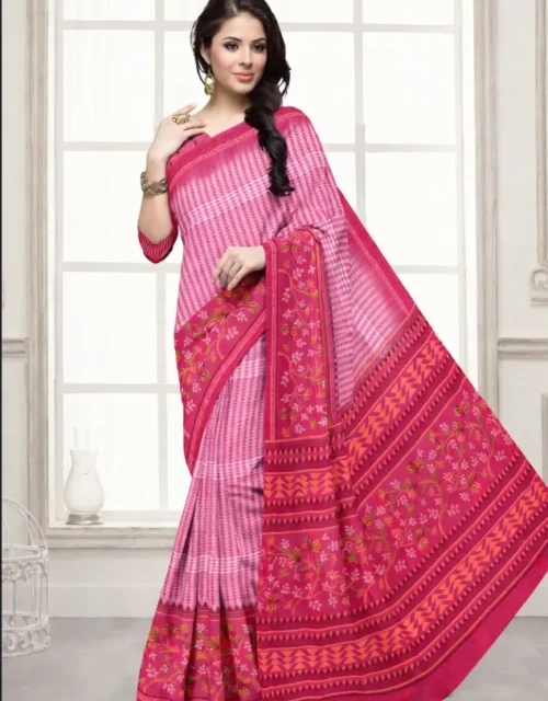 Printed Mul Mul Cotton Saree with Blouse - Pink & Magenta