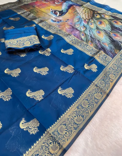 Blue Peacock Printed Saree with Gold Zari Border