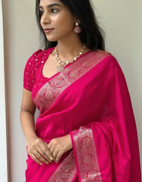 Rani Pink Chinnon Saree with Elegant Border