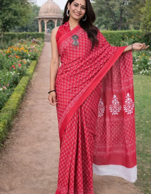 Bagru Block Print Cotton MulMul Sarees with Blouse - Deep Pink