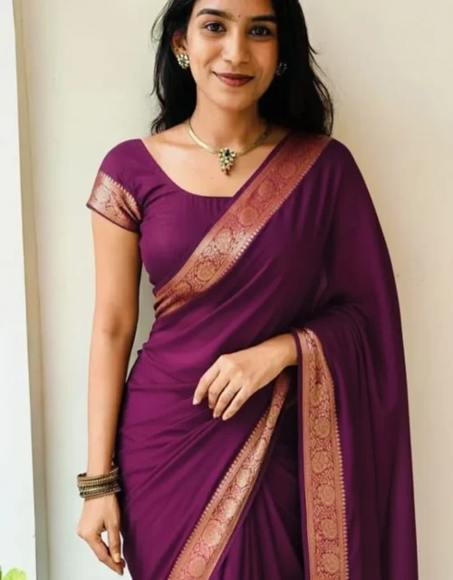 Classic Wine Purple Chinnon Saree with Antique Gold Border