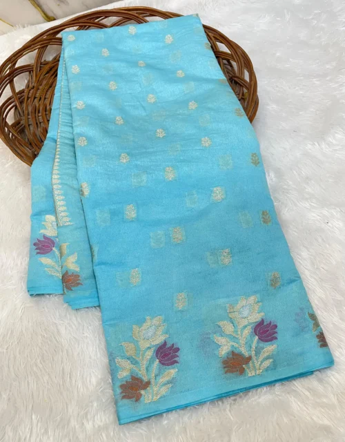 Sky Blue Raw Mango Banarasi Silk Saree with Gold Zari Motifs