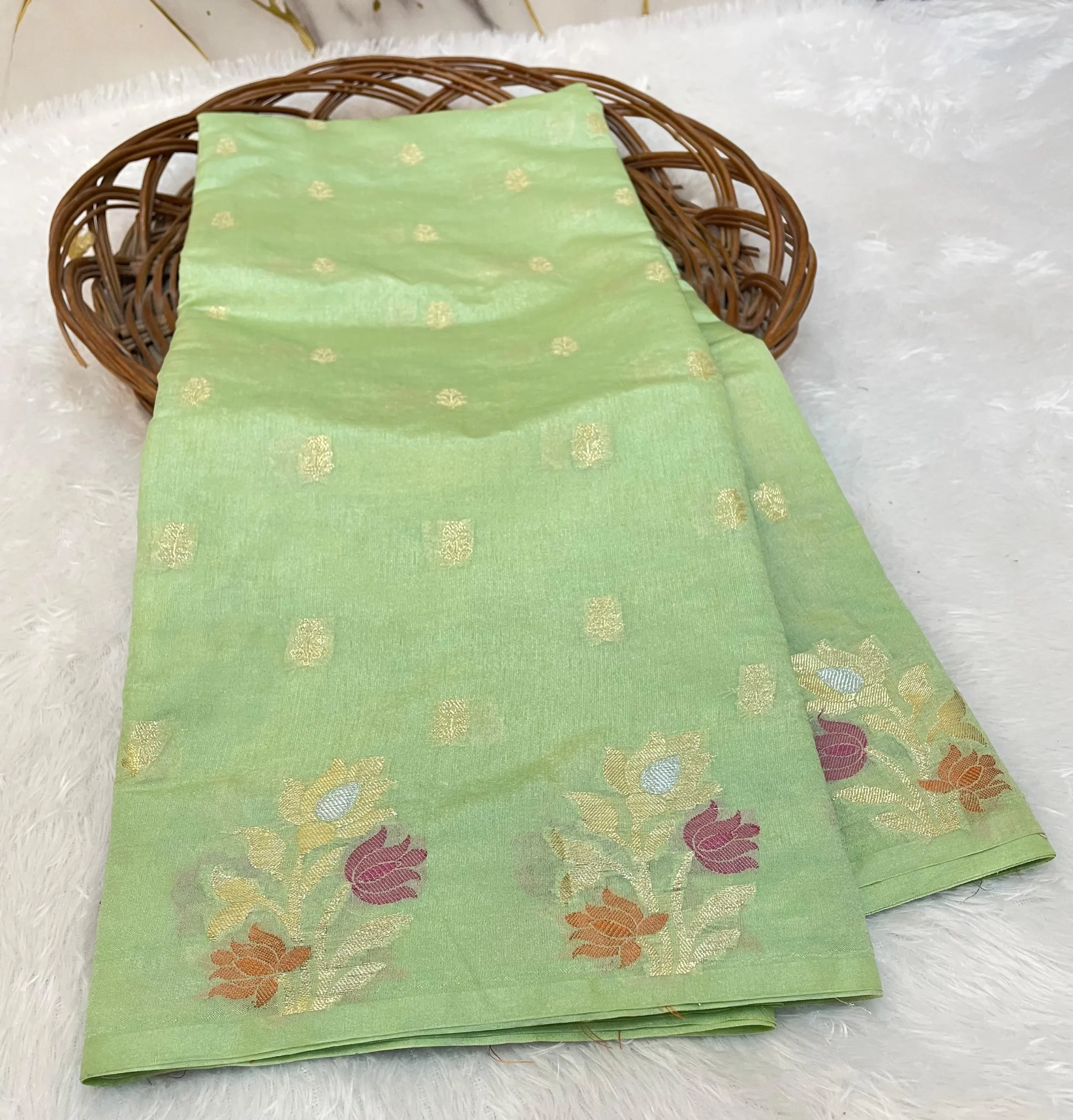 Mint Green Raw Mango Banarasi Silk Saree with Gold Zari Motifs - Image 3
