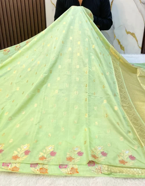 Mint Green Raw Mango Banarasi Silk Saree with Gold Zari Motifs