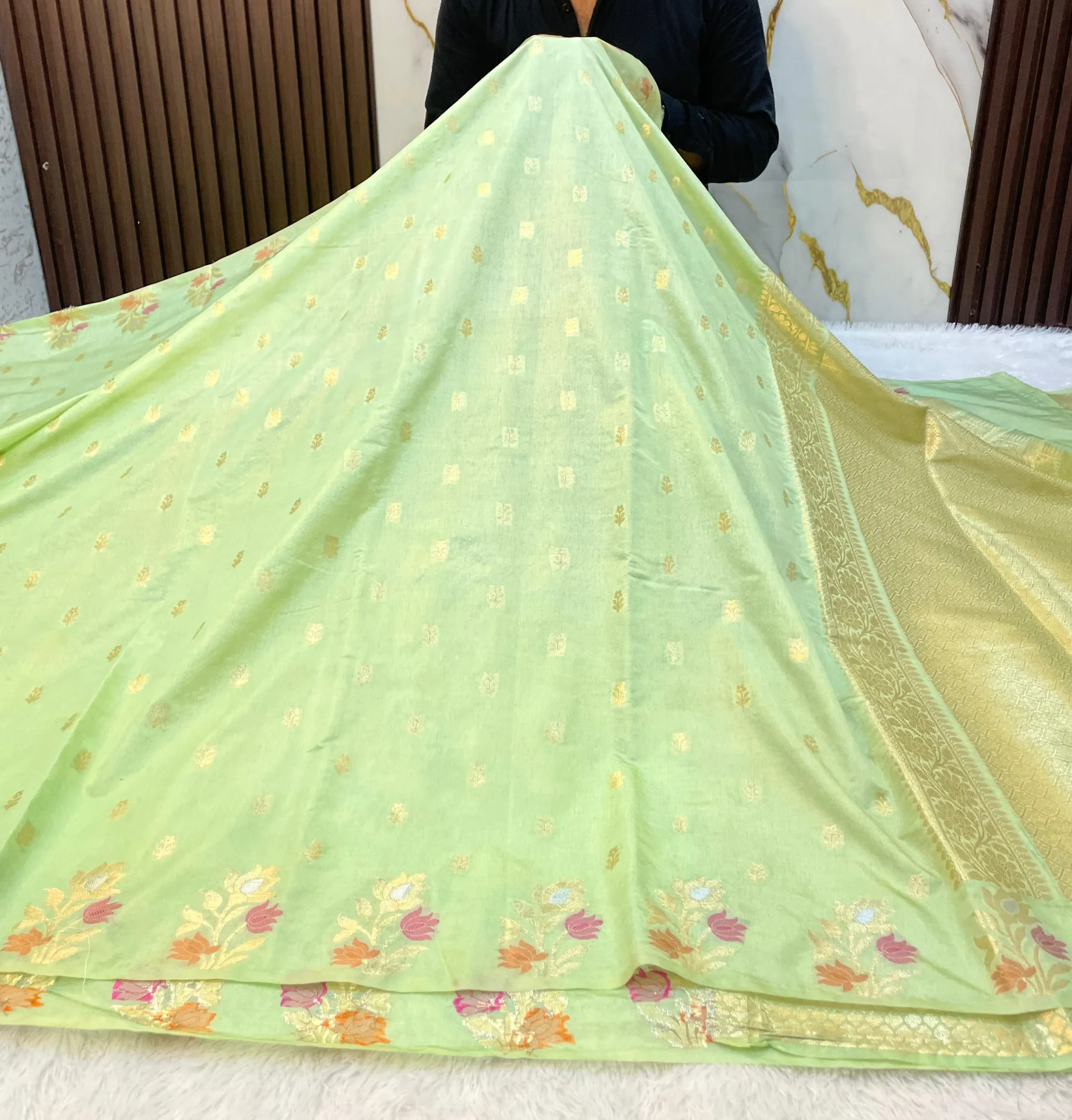 Mint Green Raw Mango Banarasi Silk Saree with Gold Zari Motifs