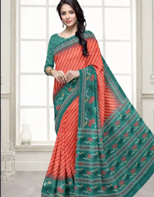 Printed Mul Mul Cotton Saree with Blouse - Coral Orange & Teal Green