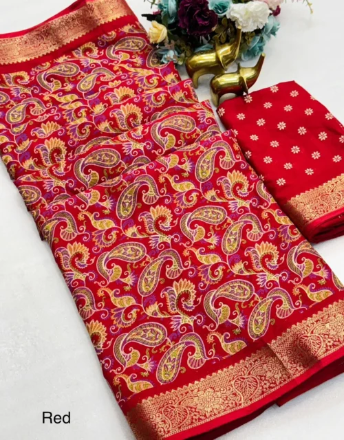 Beautiful soft Red mul mul cotton saree with all over kashmiri print