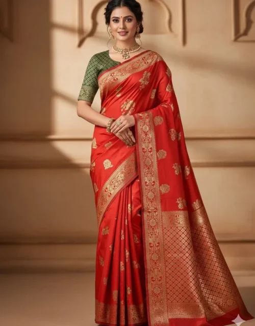 Classic Crimson Red Banarasi-Inspired Zari Woven Saree