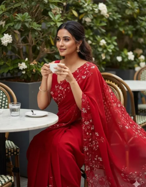 Red Floral Embroidered Georgette Saree