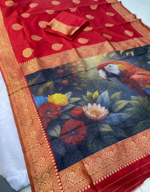 Red Parrot Printed Saree with Gold Zari Border
